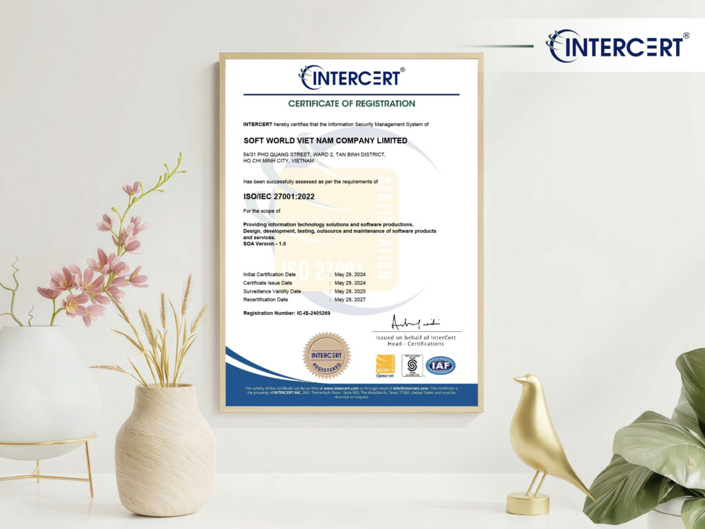 Intercert chứng nhận ISO 27001 cho Công ty TNHH Softworld Vietnam