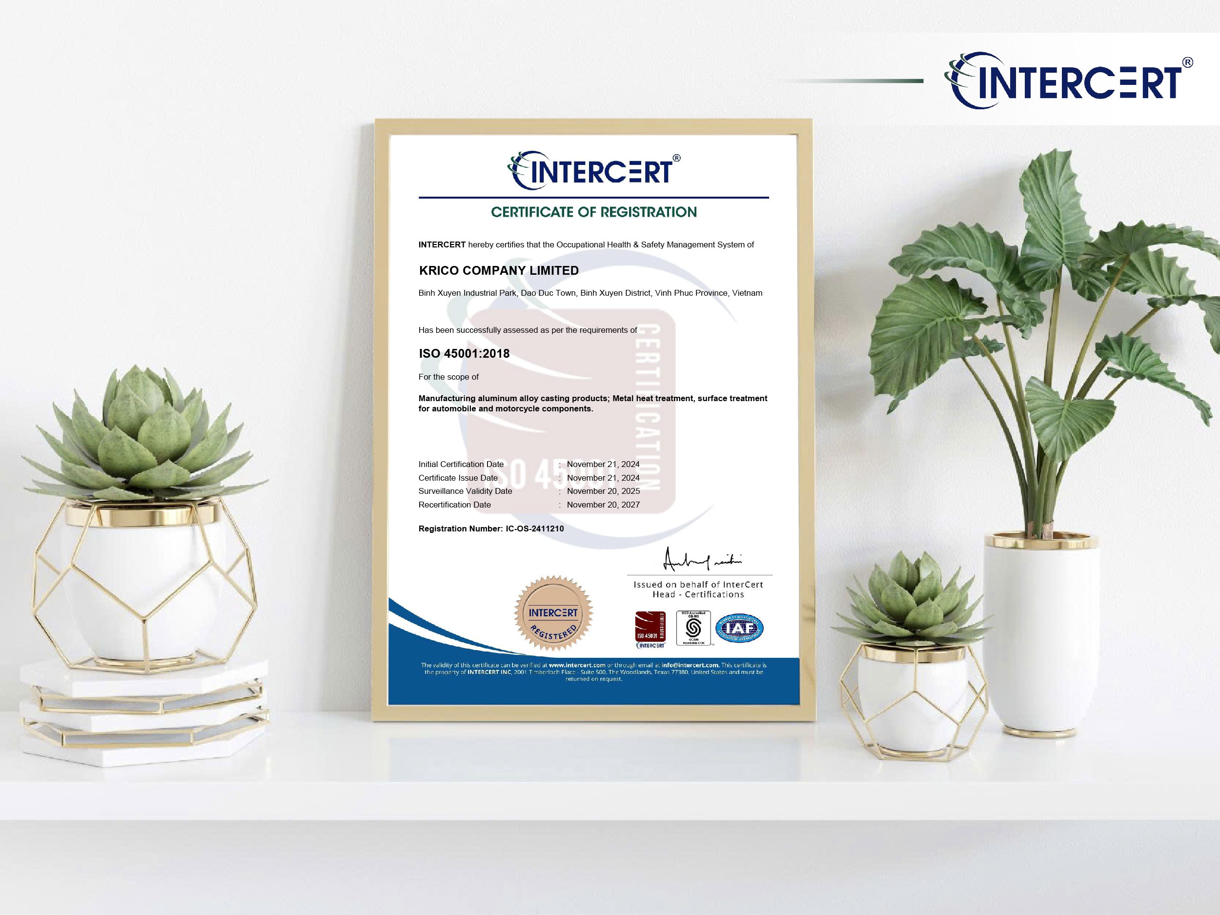 Intercert cấp chứng chỉ ISO 45001 cho Công ty TNHH Krico