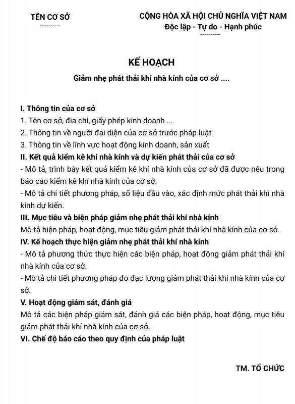 Mẫu kế hoạch giảm nhẹ phát thải khí nhà kính